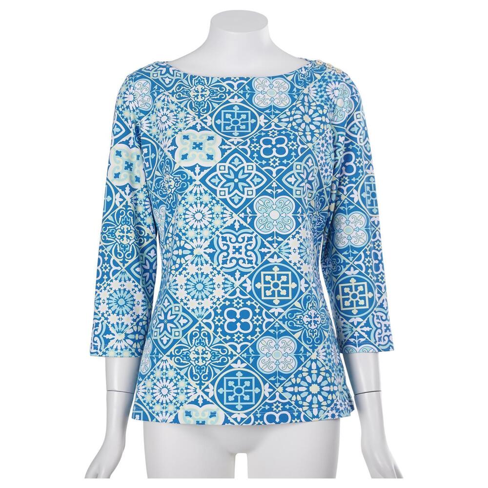 J. McLaughlin Wavesong Tee Top M Blue Printed Catalina Cloth 3/4 Sleeve Stretch